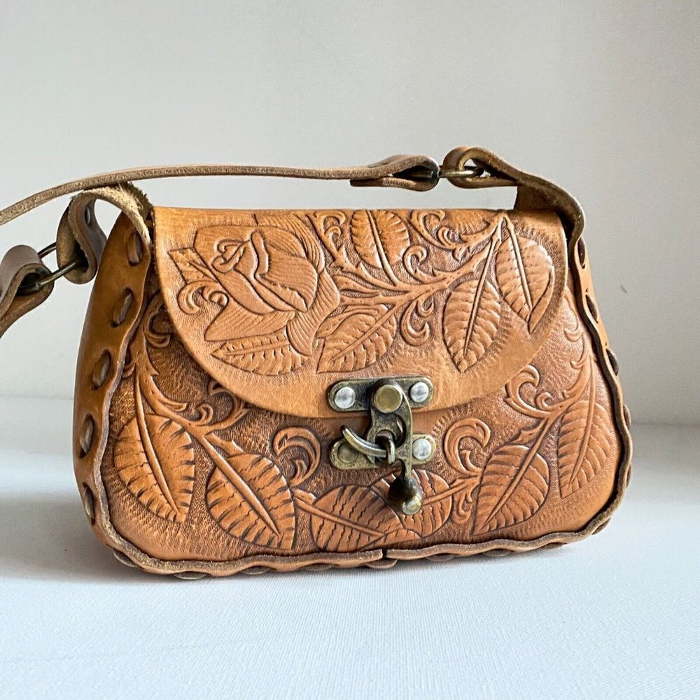 Vintage Leather Hand Tooled Medium Shoulder Bag